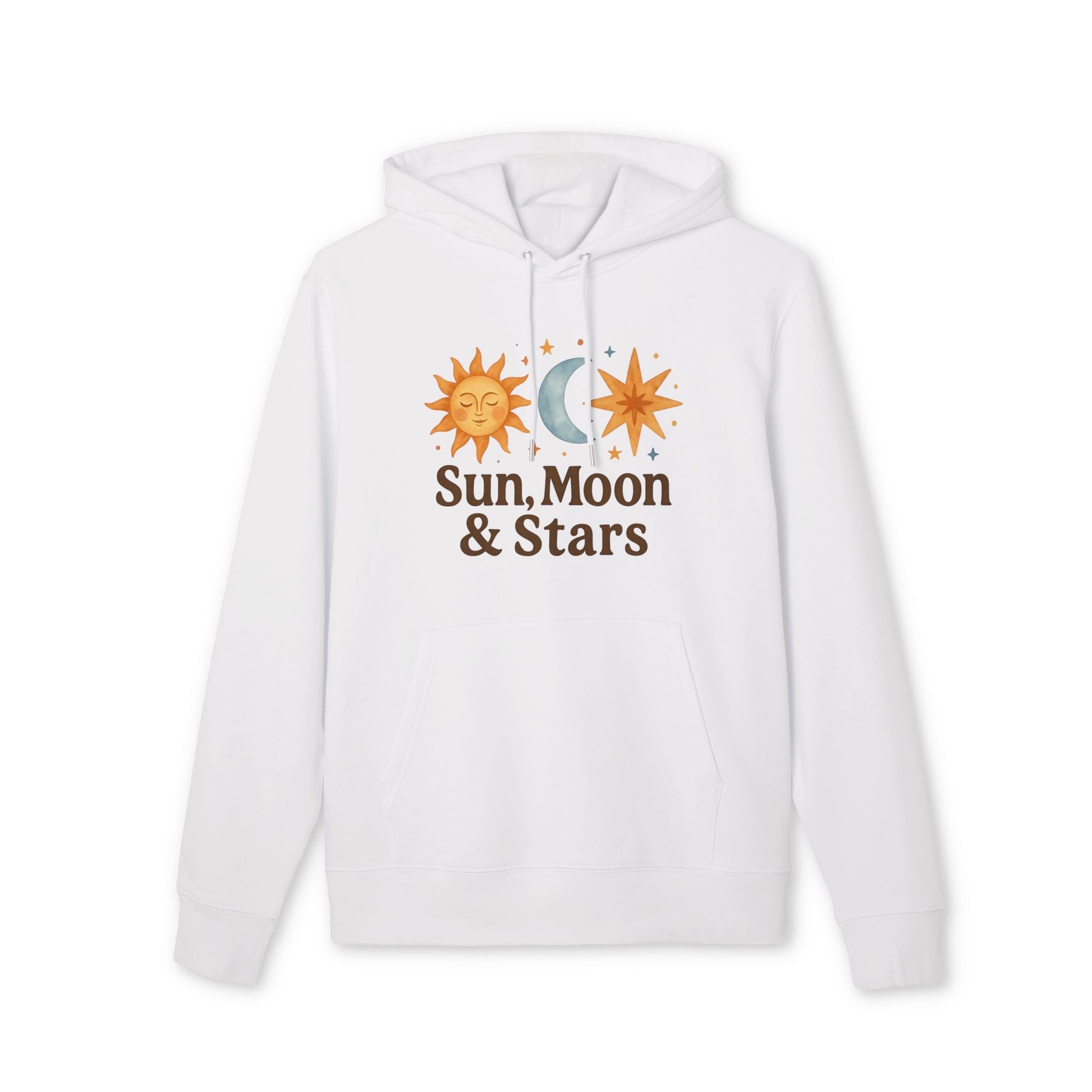 Sun Moon and Stars Waldorf Sustainable Unisex Hoodie blanca de algodón orgánico 100% con diseño celestial de sol, luna y estrellas