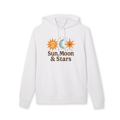 Sun Moon and Stars Waldorf Sustainable Unisex Hoodie blanca de algodón orgánico 100% con diseño celestial de sol, luna y estrellas