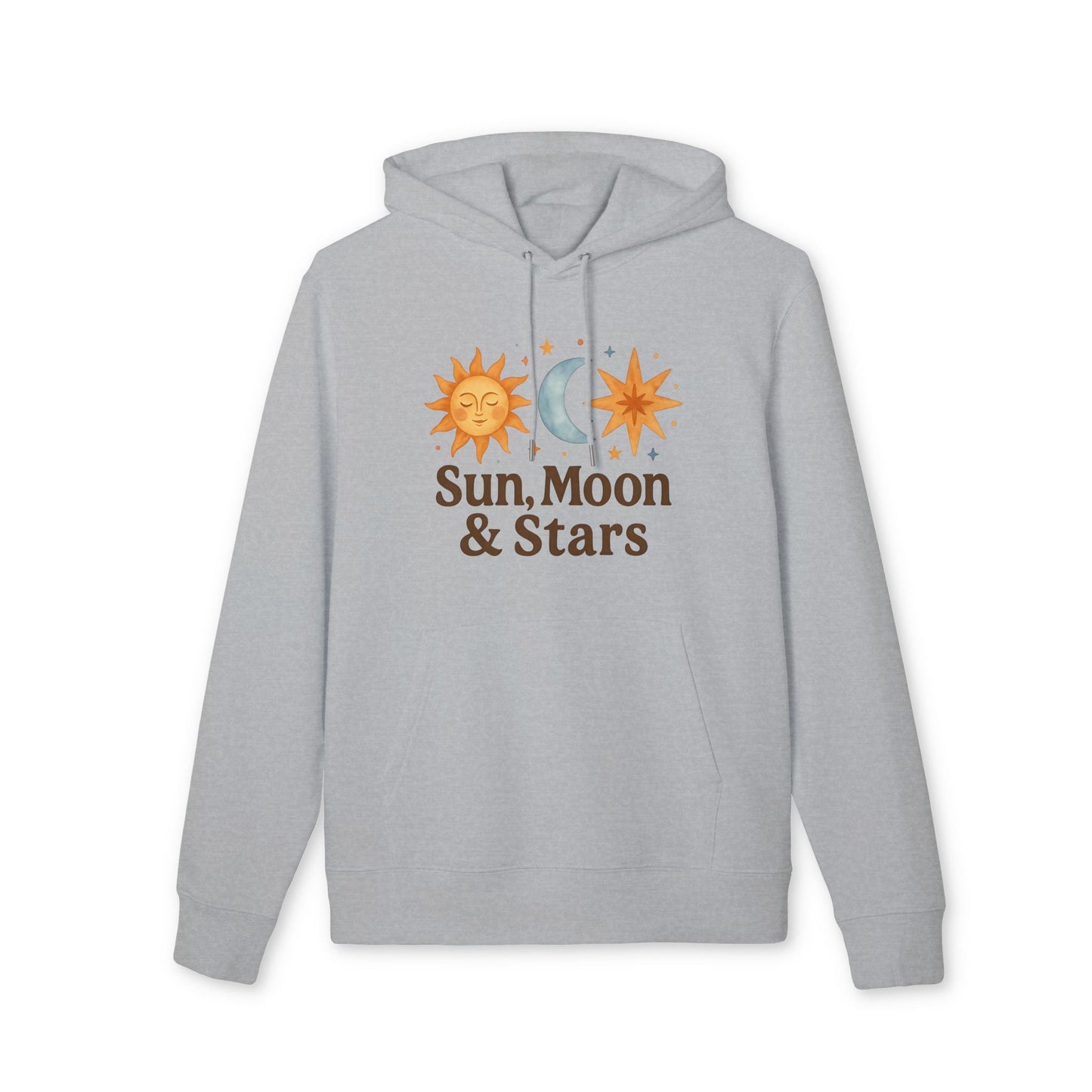 Sun Moon and Stars Waldorf Sustainable Unisex Hoodie gris con capucha, diseño celestial de sol, luna y estrellas en el frente