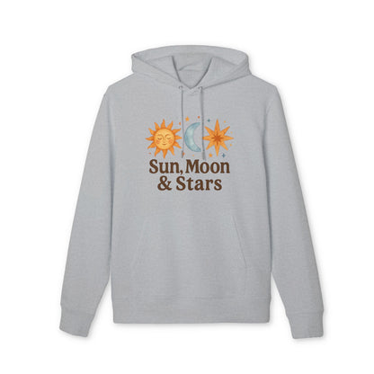 Sun Moon and Stars Waldorf Sustainable Unisex Hoodie gris con capucha, diseño celestial de sol, luna y estrellas en el frente
