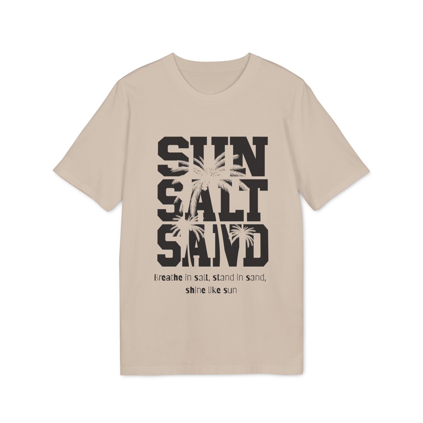 Alt Tag: Sun Salt Sand 100% Organic Cotton T-Shirt beige graphic tee with palm tree print and “SUN SALT SAND” text