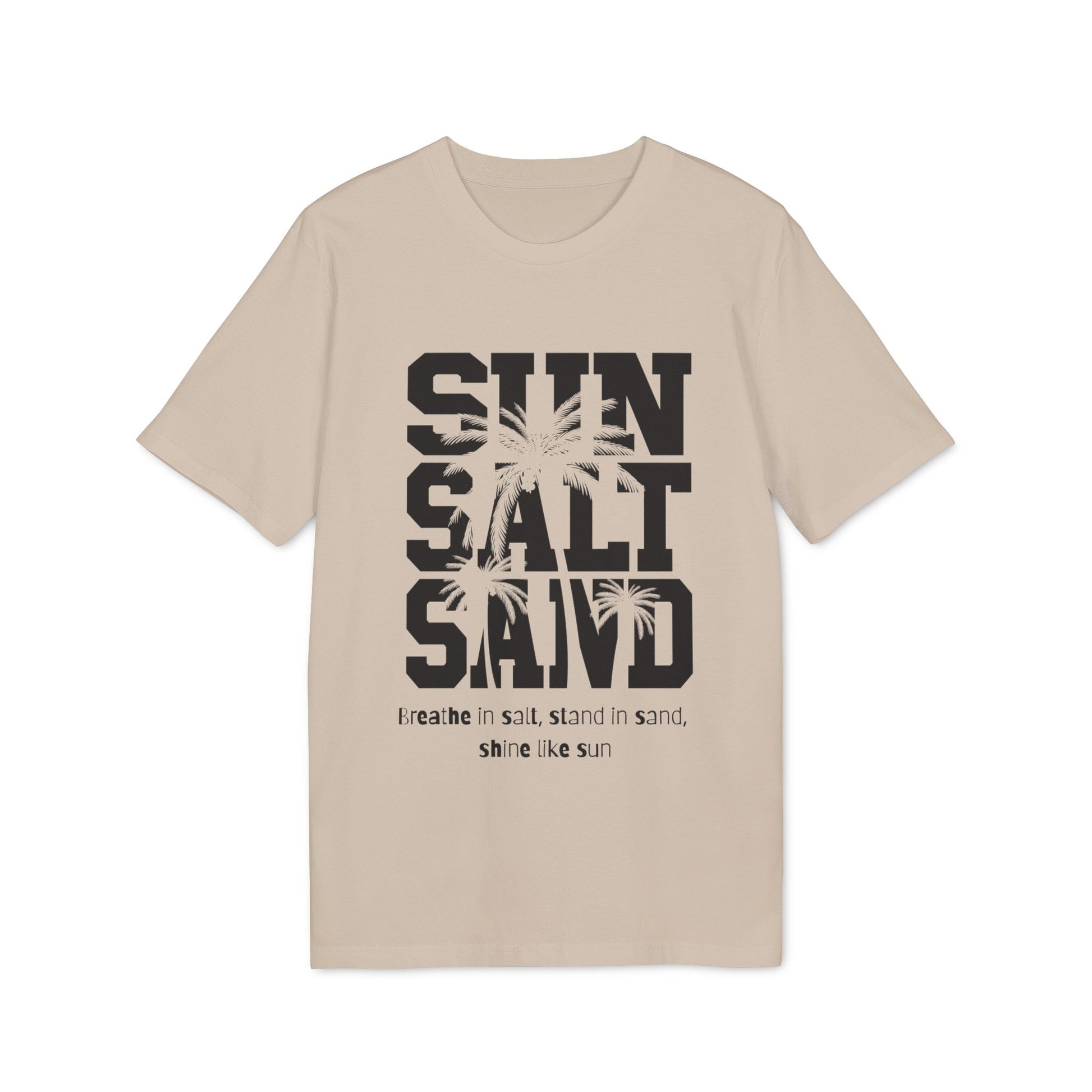 Alt Tag: Sun Salt Sand 100% Organic Cotton T-Shirt beige graphic tee with palm tree print and “SUN SALT SAND” text