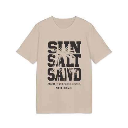 Alt Tag: Sun Salt Sand 100% Organic Cotton T-Shirt beige graphic tee with palm tree print and “SUN SALT SAND” text