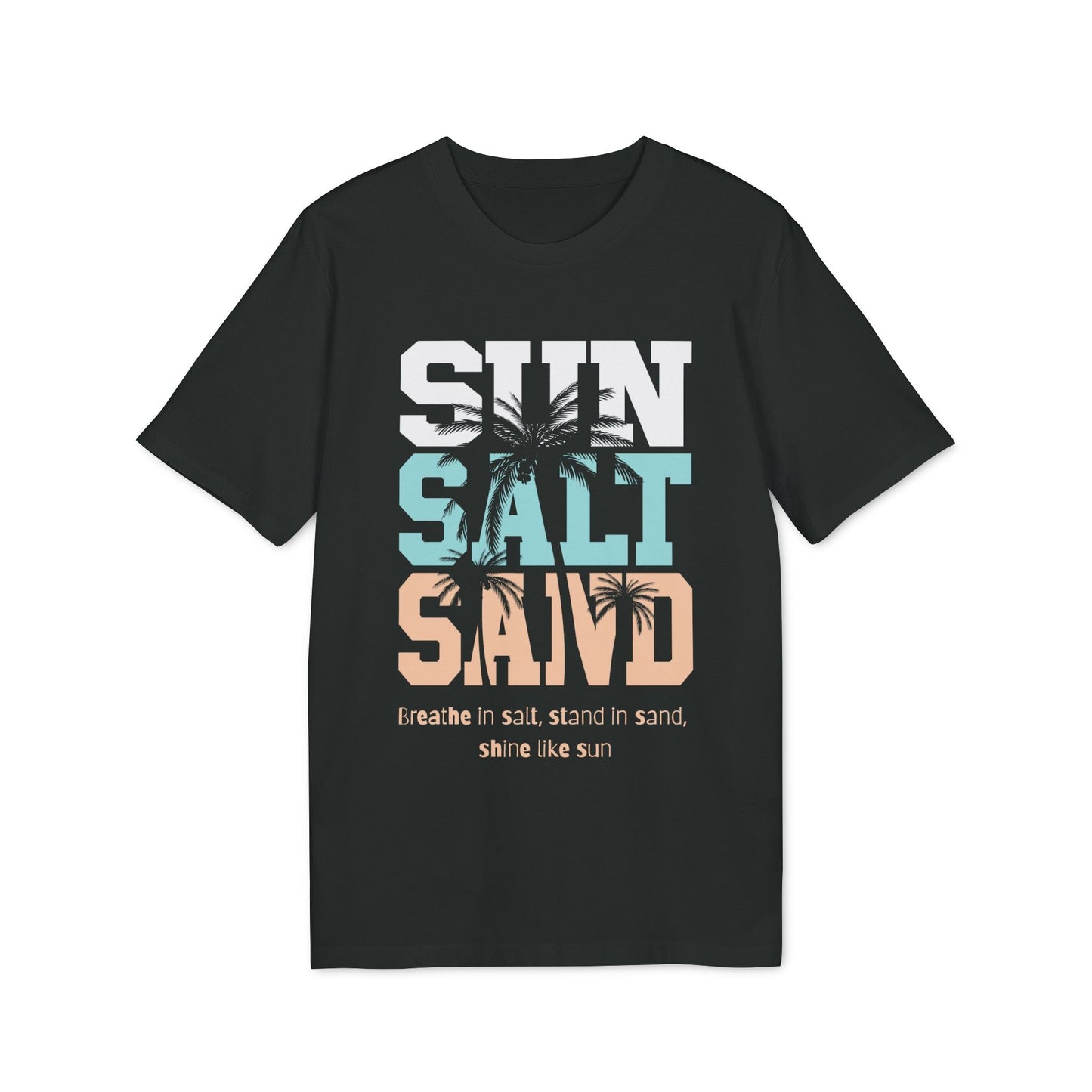 Alt Tag: Sun Salt Sand 100% Organic Cotton T-Shirt black graphic tee with SUN SALT SAND text and palm tree beach design