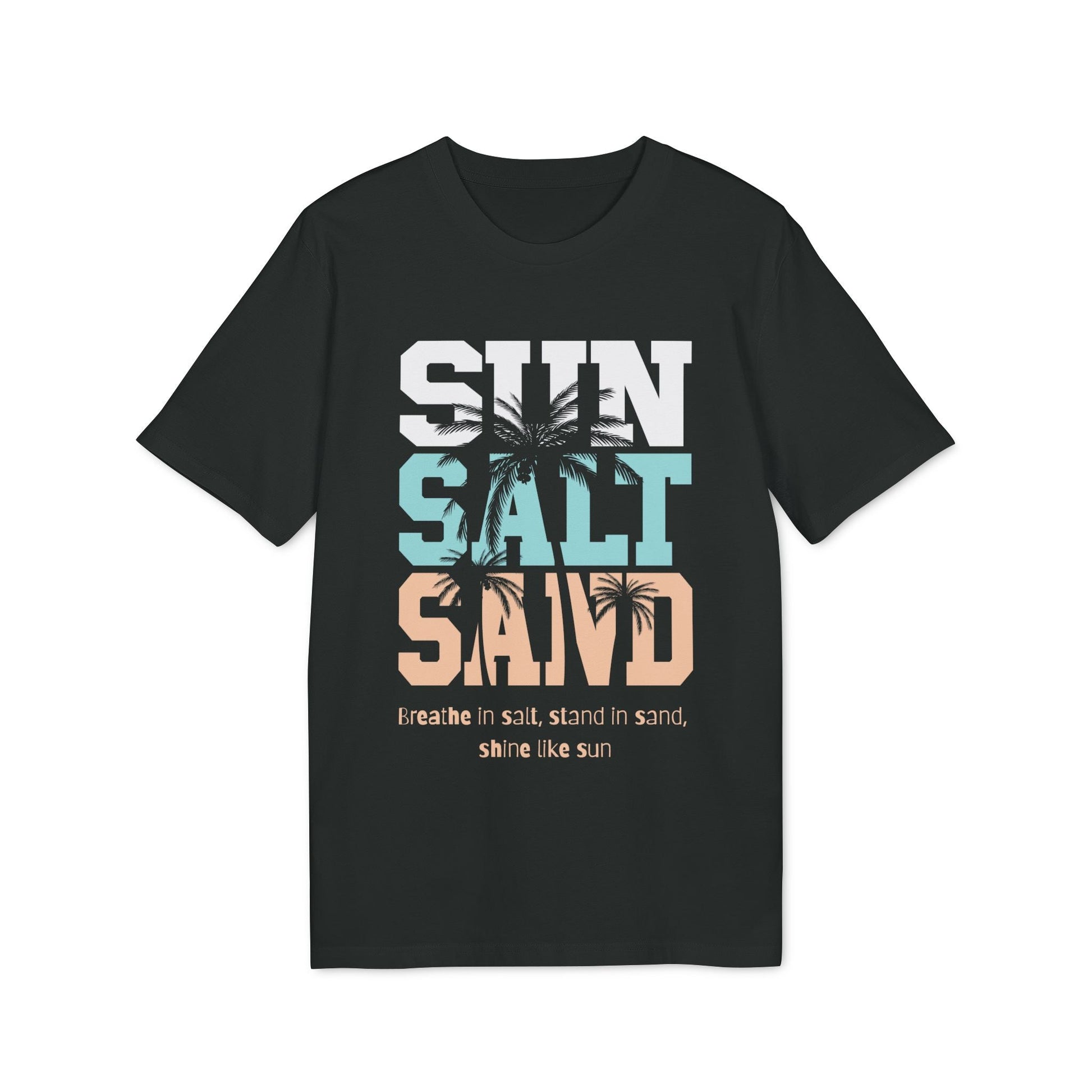 Alt Tag: Sun Salt Sand 100% Organic Cotton T-Shirt black graphic tee with SUN SALT SAND text and palm tree beach design