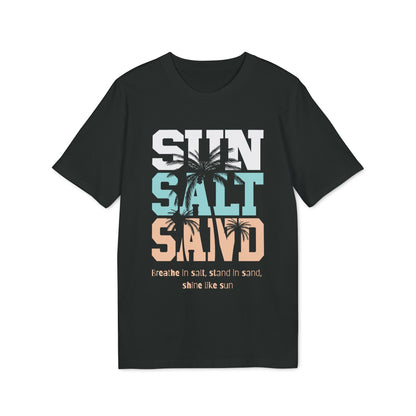 Alt Tag: Sun Salt Sand 100% Organic Cotton T-Shirt black graphic tee with SUN SALT SAND text and palm tree beach design