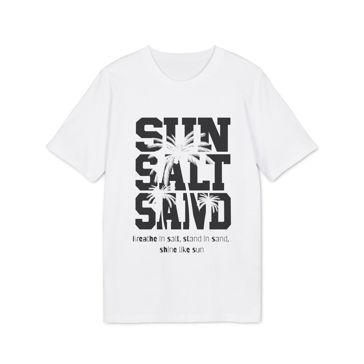Alt Tag: Sun Salt Sand 100% Organic Cotton T-Shirt white graphic tee with bold "SUN SALT SAND" text and palm tree print