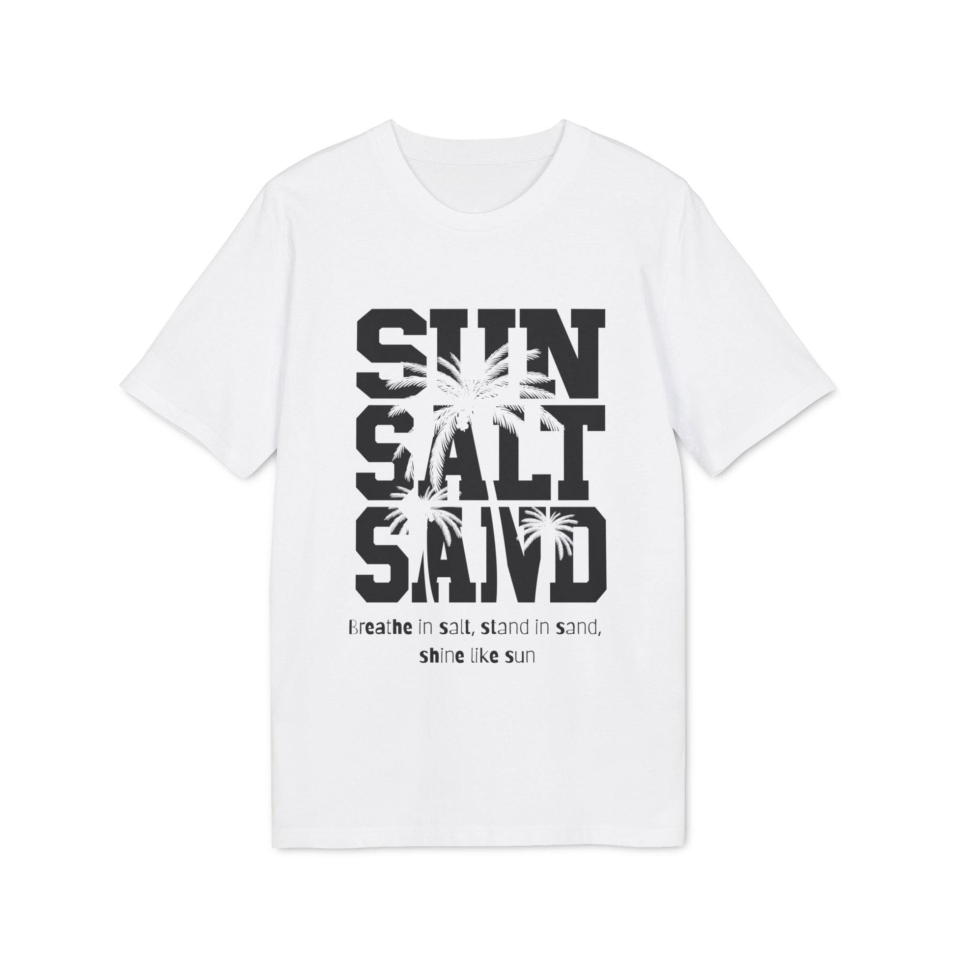 Alt Tag: Sun Salt Sand 100% Organic Cotton T-Shirt white graphic tee with bold "SUN SALT SAND" text and palm tree print