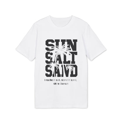 Alt Tag: Sun Salt Sand 100% Organic Cotton T-Shirt white graphic tee with bold "SUN SALT SAND" text and palm tree print