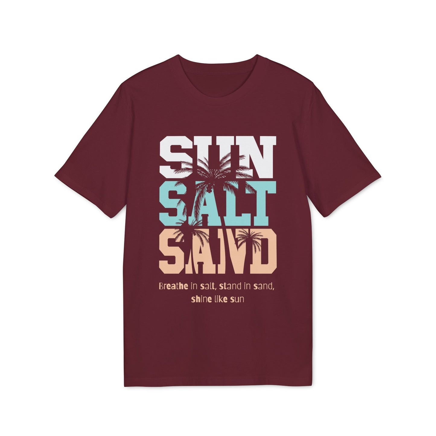 Alt Tag: Sun Salt Sand 100% Organic Cotton T-Shirt in burgundy with retro "SUN SALT SAND" graphic and palm tree print