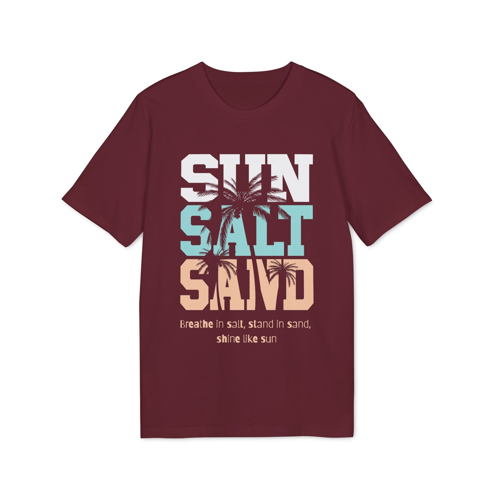 Alt Tag: Sun Salt Sand 100% Organic Cotton T-Shirt in burgundy with retro "SUN SALT SAND" graphic and palm tree print