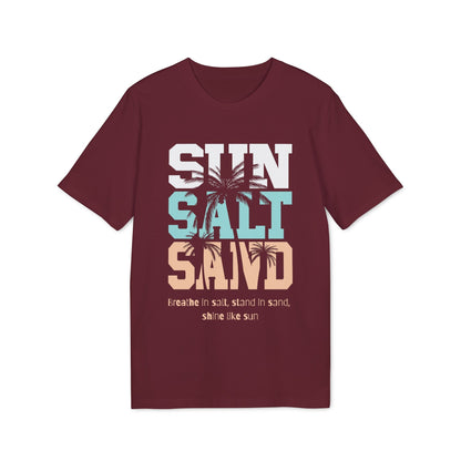 Alt Tag: Sun Salt Sand 100% Organic Cotton T-Shirt in burgundy with retro "SUN SALT SAND" graphic and palm tree print