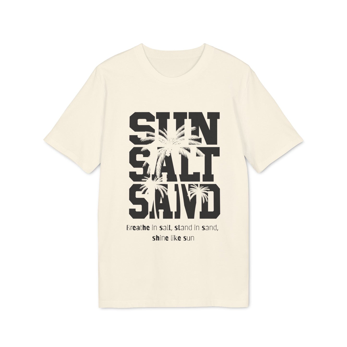 Sun Salt Sand 100% Organic Cotton T-Shirt en color crema con estampado “SUN SALT SAND” y palmeras en el frente