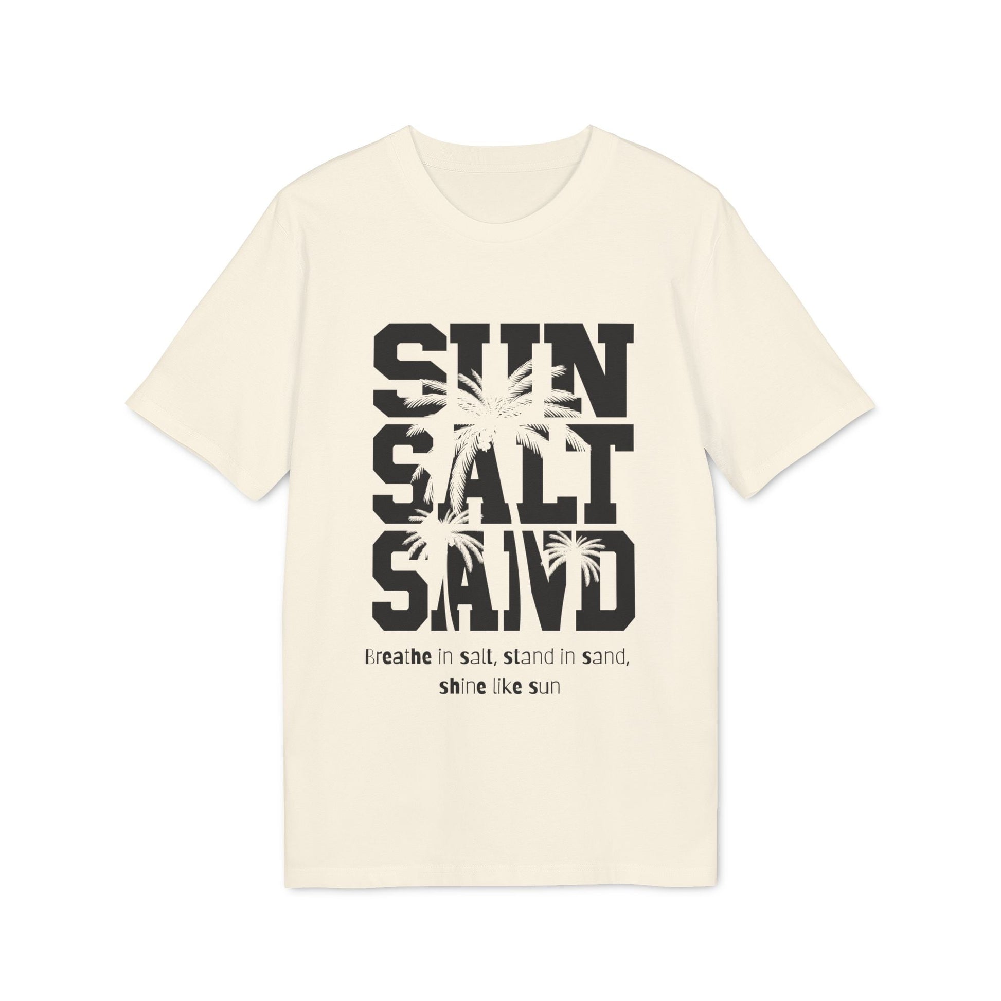 Sun Salt Sand 100% Organic Cotton T-Shirt en color crema con estampado “SUN SALT SAND” y palmeras en el frente