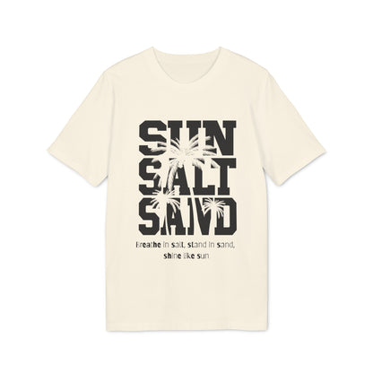Sun Salt Sand 100% Organic Cotton T-Shirt en color crema con estampado “SUN SALT SAND” y palmeras en el frente