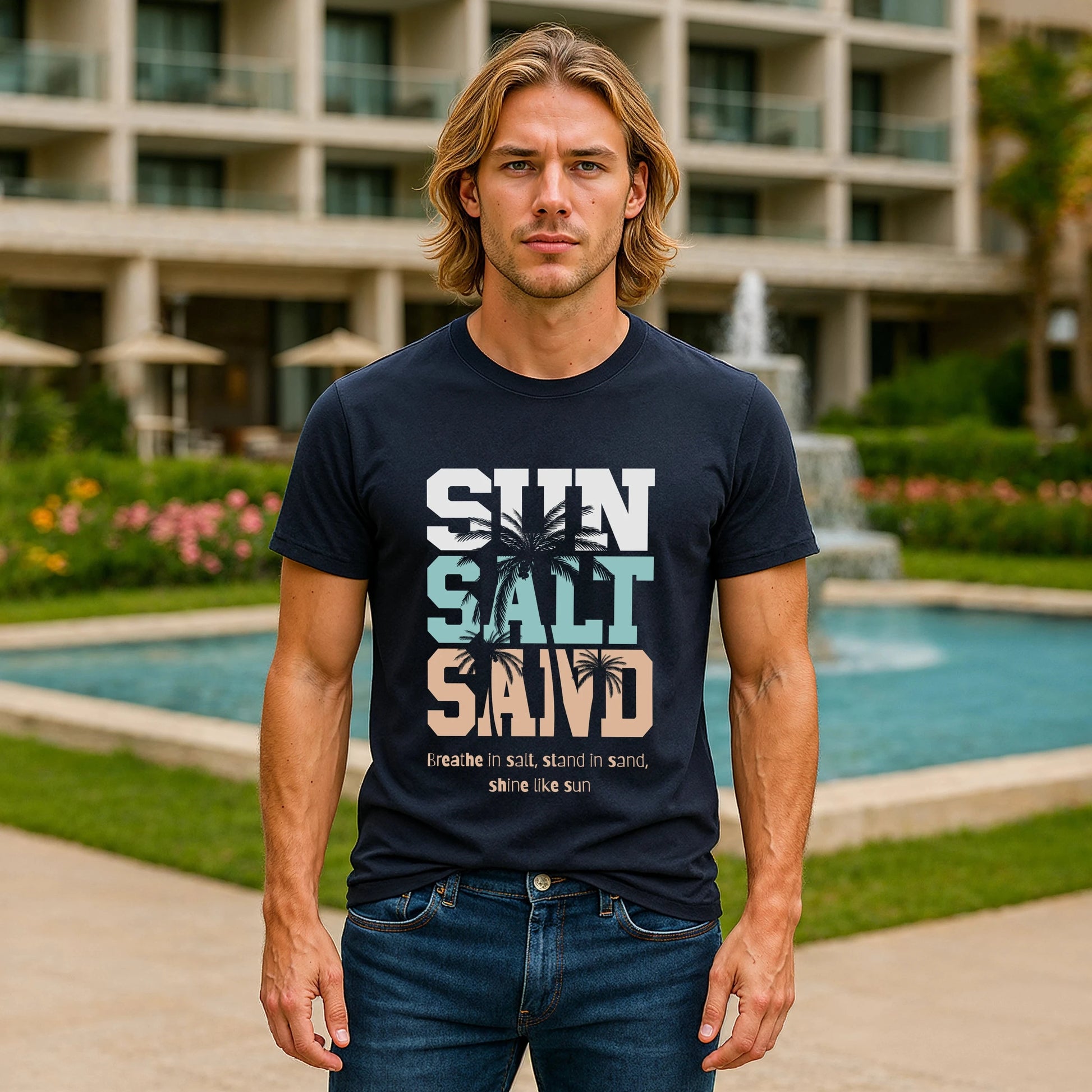 Alt Tag: Sun Salt Sand 100% Organic Cotton T-Shirt para hombre, color azul marino con gráfico SUN SALT SAND, en exterior junto a piscina