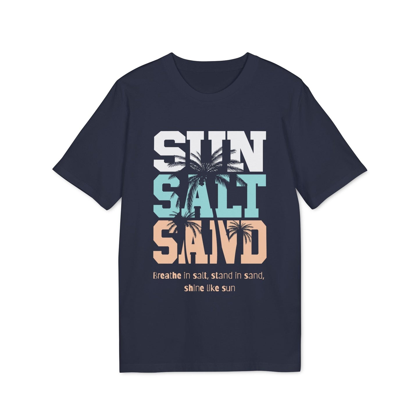 Alt Tag: Sun Salt Sand 100% Organic Cotton T-Shirt navy graphic tee with palm tree and “SUN SALT SAND” text