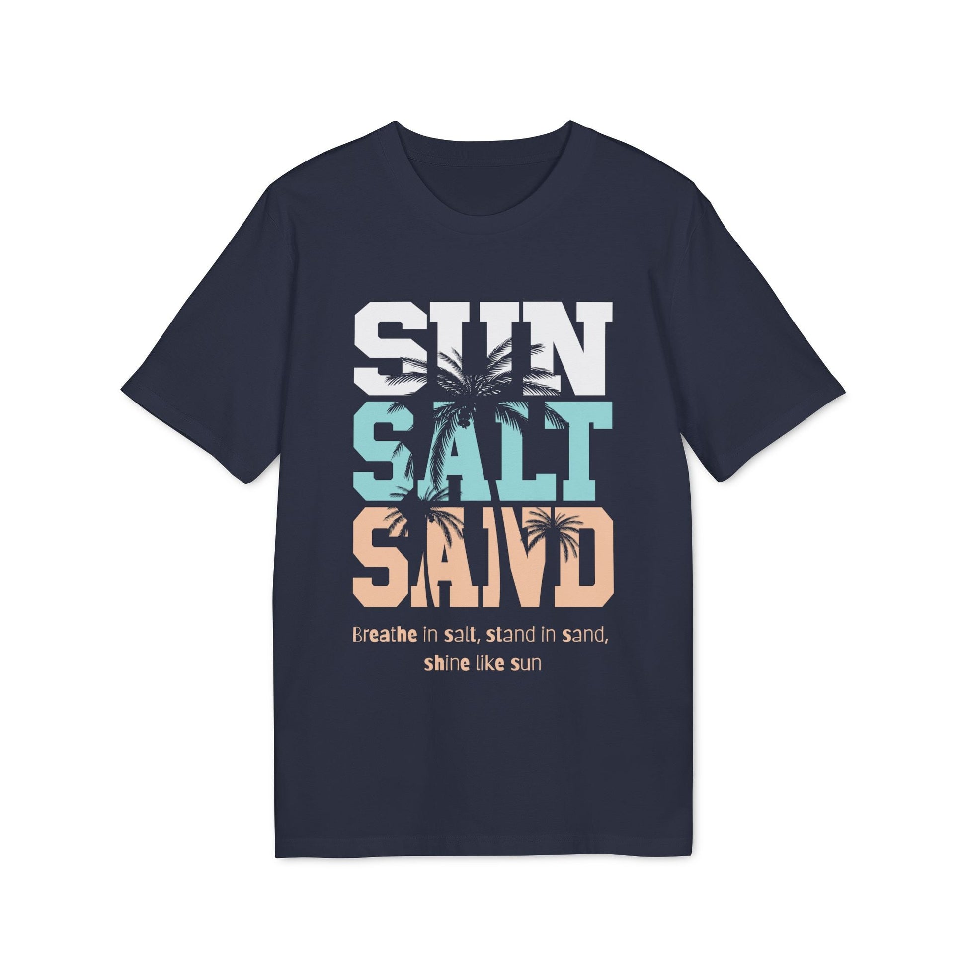 Alt Tag: Sun Salt Sand 100% Organic Cotton T-Shirt navy graphic tee with palm tree and “SUN SALT SAND” text