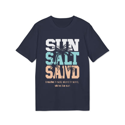 Alt Tag: Sun Salt Sand 100% Organic Cotton T-Shirt navy graphic tee with palm tree and “SUN SALT SAND” text