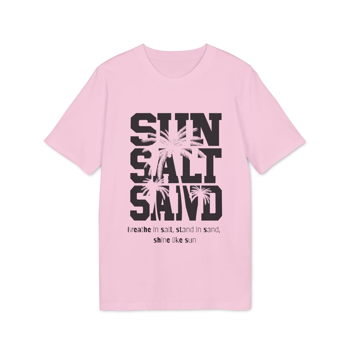 Sun Salt Sand 100% Organic Cotton T-Shirt pink graphic tee with SUN SALT SAND palm print and "Breathe in salt" text