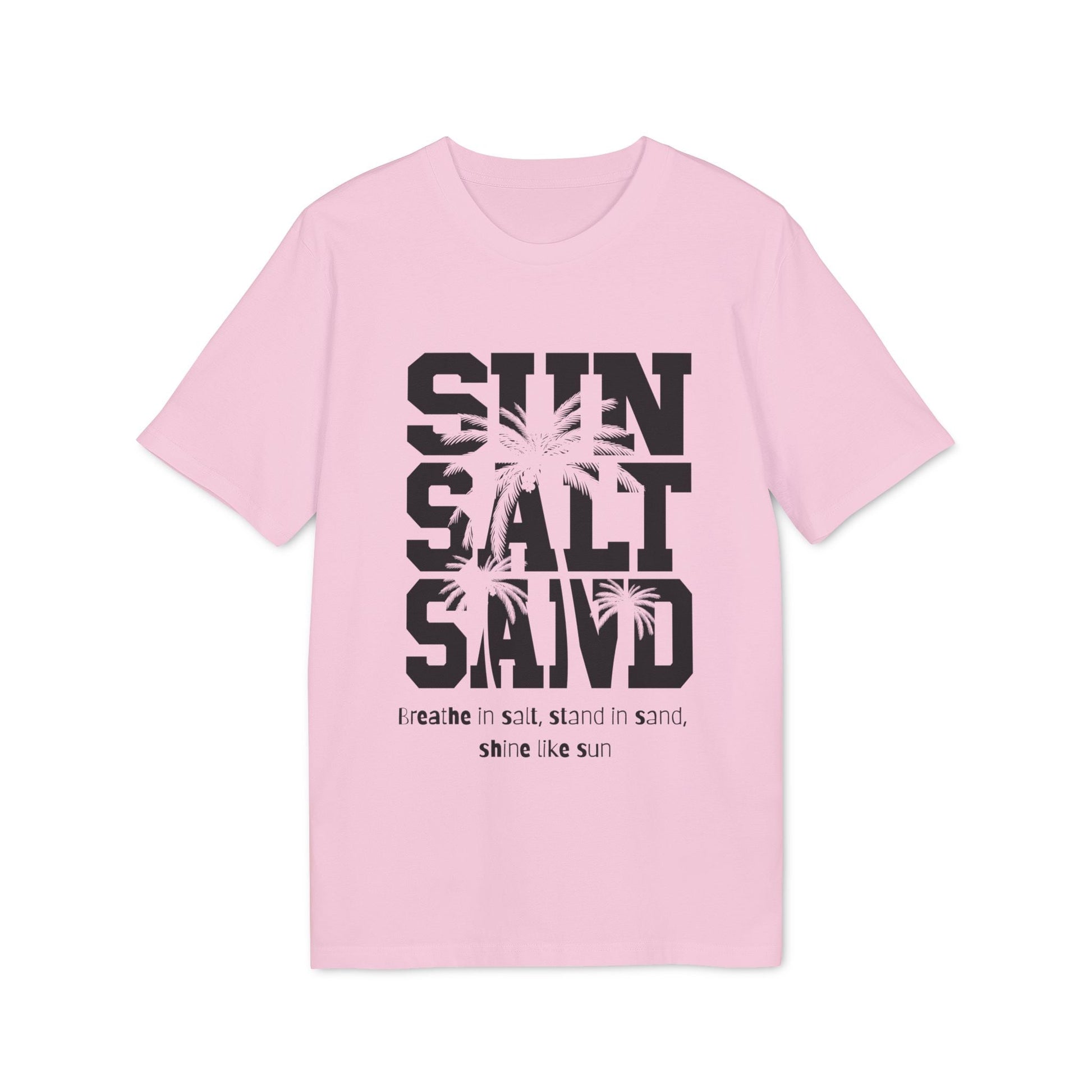 Sun Salt Sand 100% Organic Cotton T-Shirt pink graphic tee with SUN SALT SAND palm print and "Breathe in salt" text