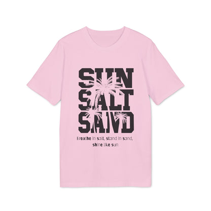 Sun Salt Sand 100% Organic Cotton T-Shirt pink graphic tee with SUN SALT SAND palm print and "Breathe in salt" text
