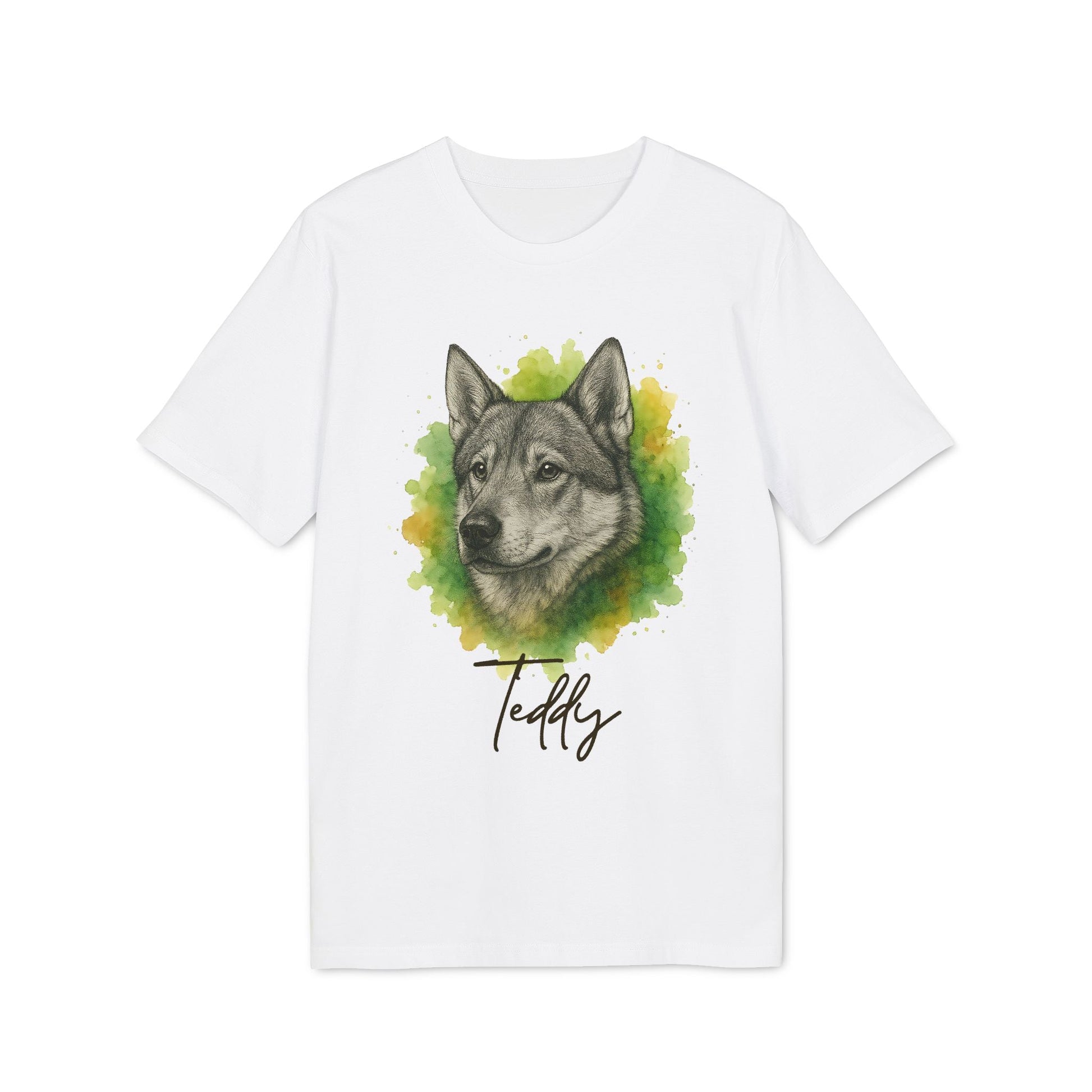 Alt Tag: Swedish Jämthund Personalized Dog Premium Unisex T-Shirt blanca con ilustración de perro estilo acuarela y nombre personalizado "Teddy"