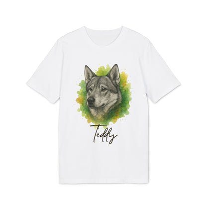 Alt Tag: Swedish Jämthund Personalized Dog Premium Unisex T-Shirt blanca con ilustración de perro estilo acuarela y nombre personalizado "Teddy"