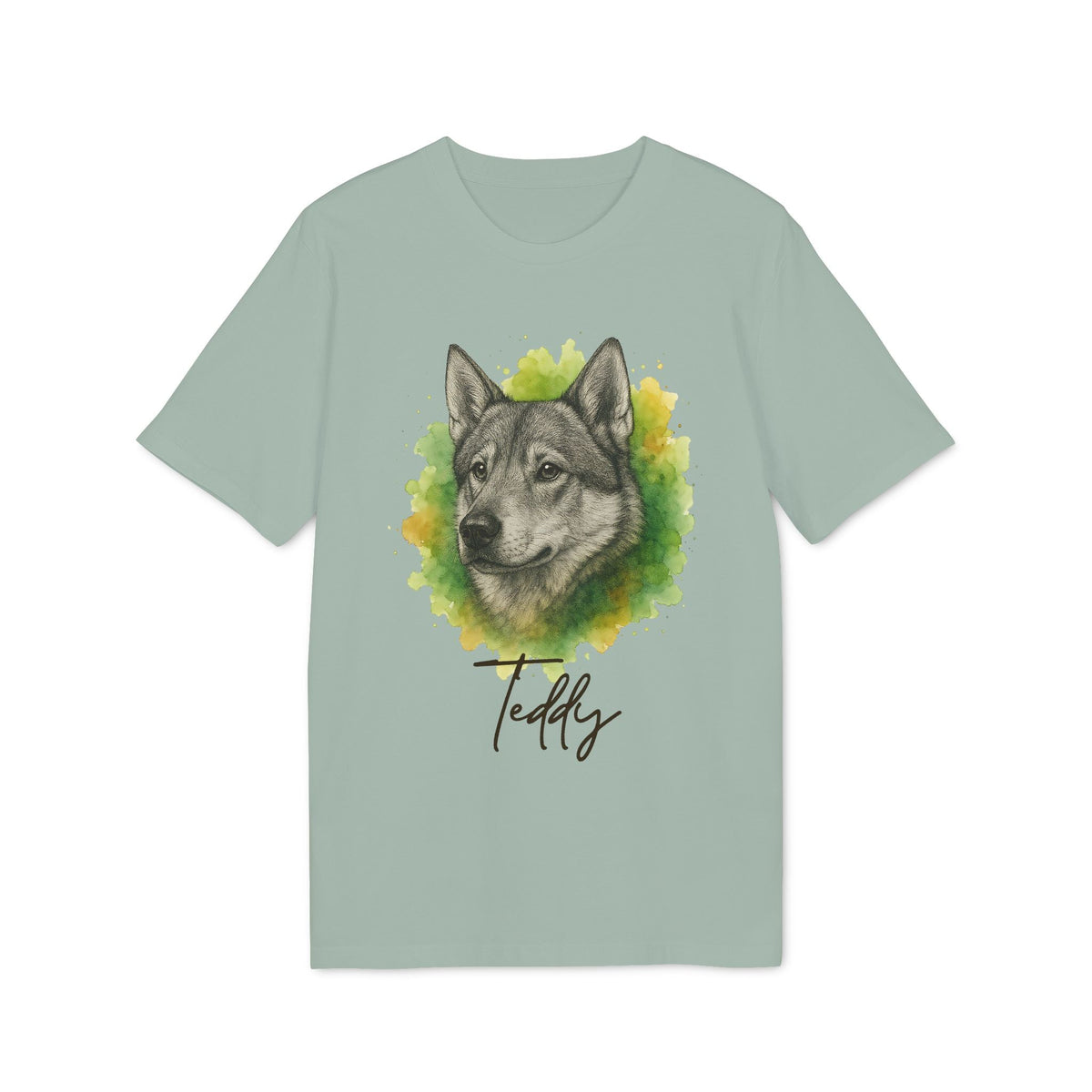 Alt Tag: Swedish Jämthund Personalized Dog Premium Unisex T-Shirt con retrato de perro y nombre Teddy, camiseta unisex premium verde claro