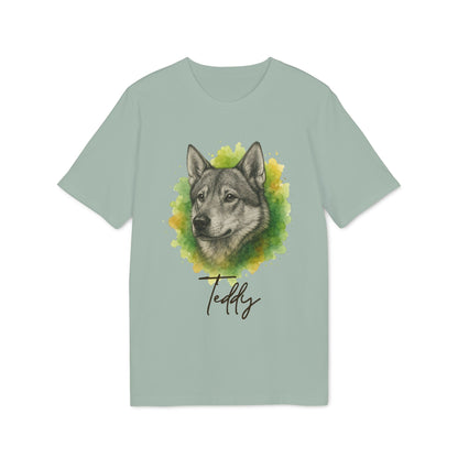 Alt Tag: Swedish Jämthund Personalized Dog Premium Unisex T-Shirt con retrato de perro y nombre Teddy, camiseta unisex premium verde claro