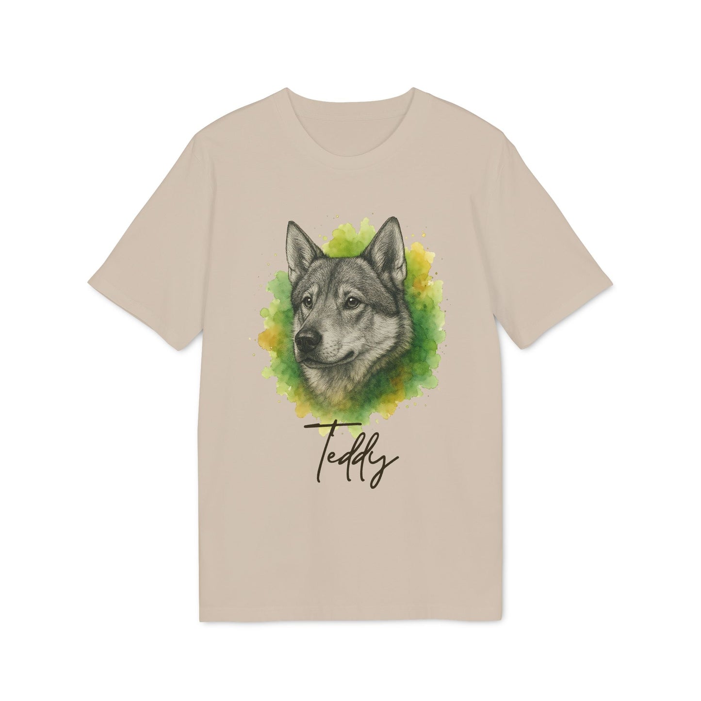 Alt Tag: Swedish Jämthund Personalized Dog Premium Unisex T-Shirt con ilustración de perro y nombre Teddy, camiseta unisex color beige