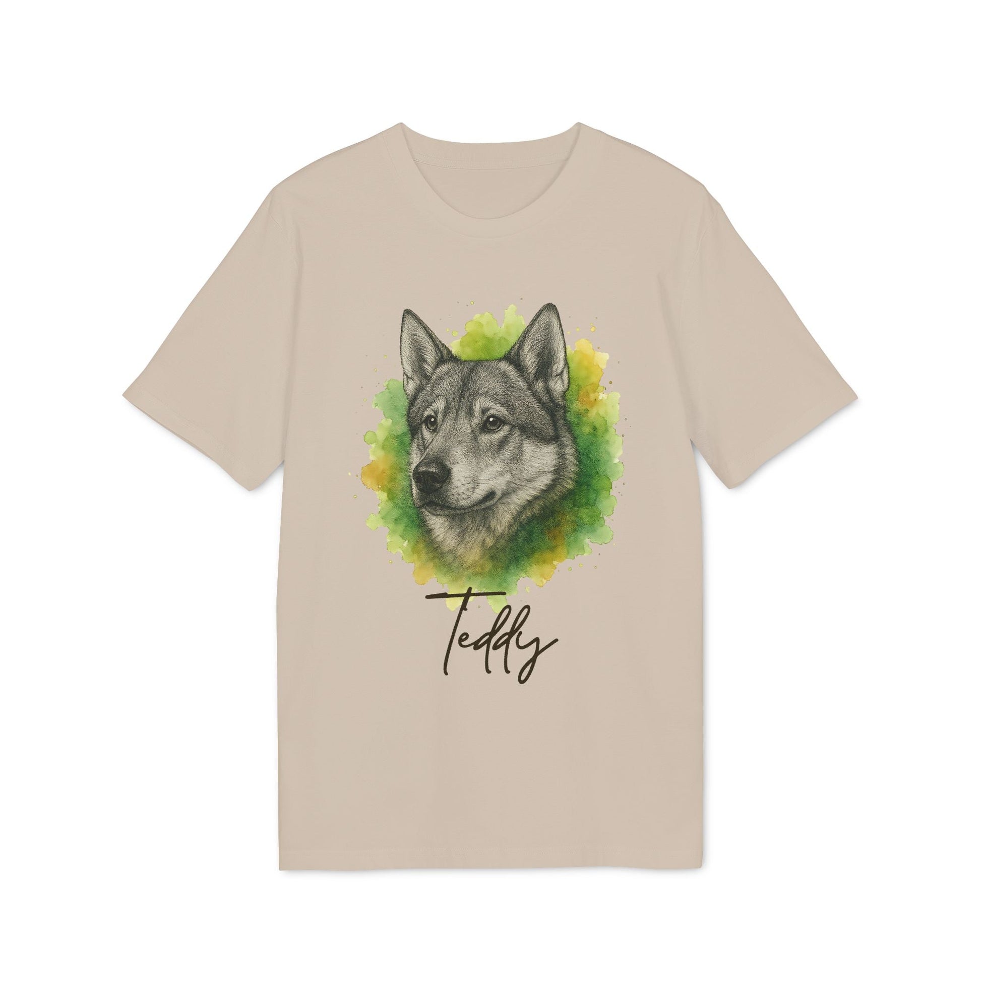 Alt Tag: Swedish Jämthund Personalized Dog Premium Unisex T-Shirt con ilustración de perro y nombre Teddy, camiseta unisex color beige