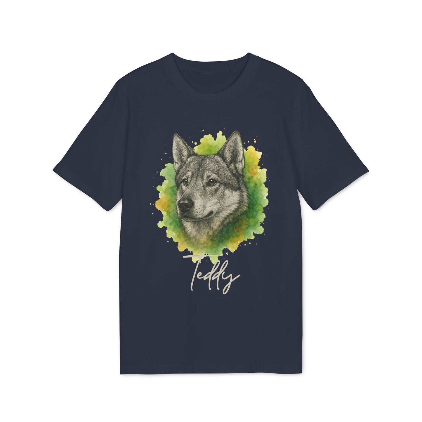 Alt Tag: Swedish Jämthund Personalized Dog Premium Unisex T-Shirt navy with watercolor Jämthund portrait and custom name Teddy