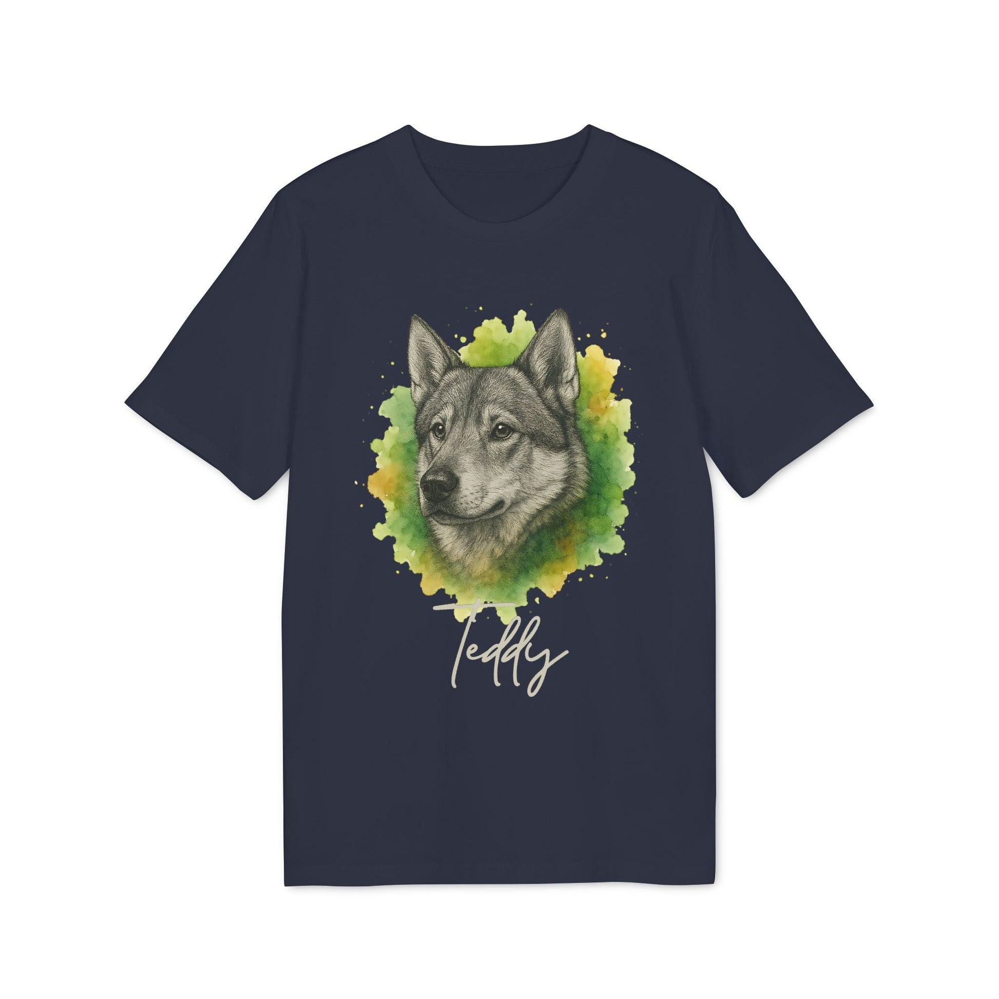Alt Tag: Swedish Jämthund Personalized Dog Premium Unisex T-Shirt navy with watercolor Jämthund portrait and custom name Teddy