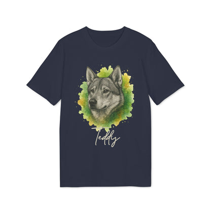 Alt Tag: Swedish Jämthund Personalized Dog Premium Unisex T-Shirt navy with watercolor Jämthund portrait and custom name Teddy