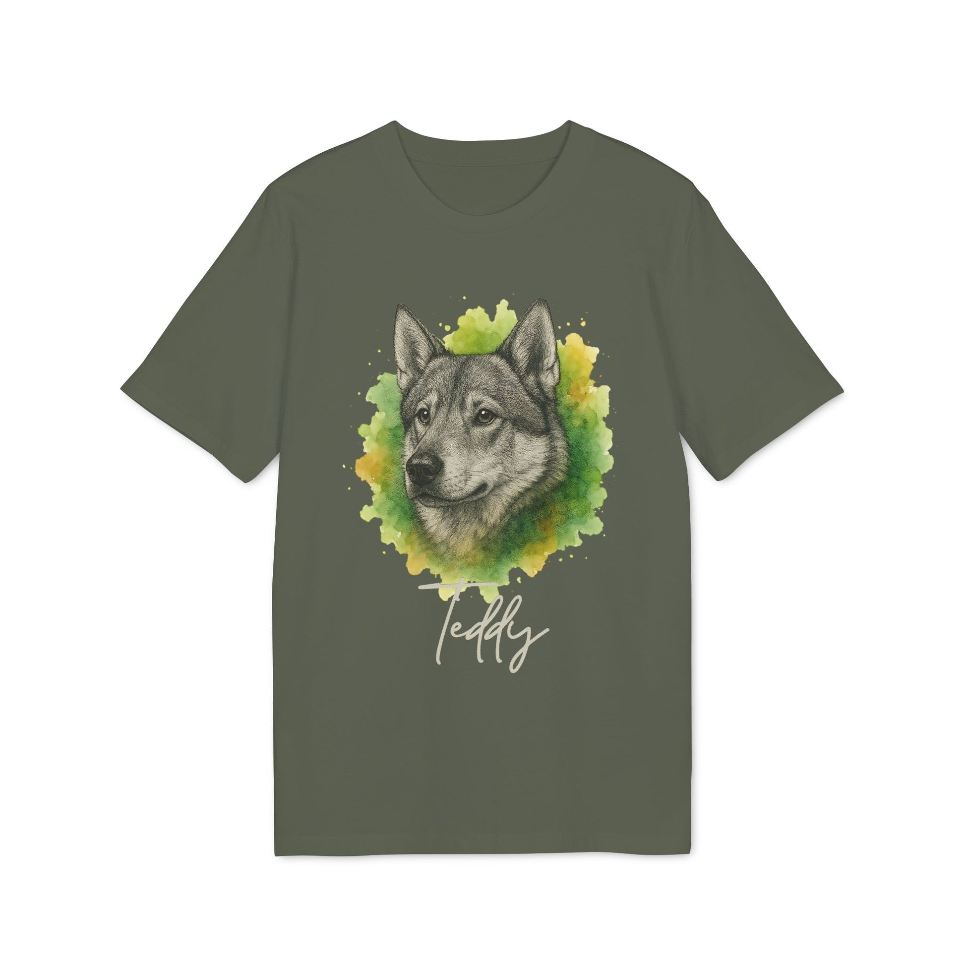 Alt Tag: Swedish Jämthund Personalized Dog Premium Unisex T-Shirt with Jämthund portrait and name Teddy on green unisex tee