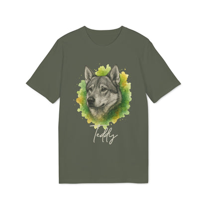 Alt Tag: Swedish Jämthund Personalized Dog Premium Unisex T-Shirt with Jämthund portrait and name Teddy on green unisex tee