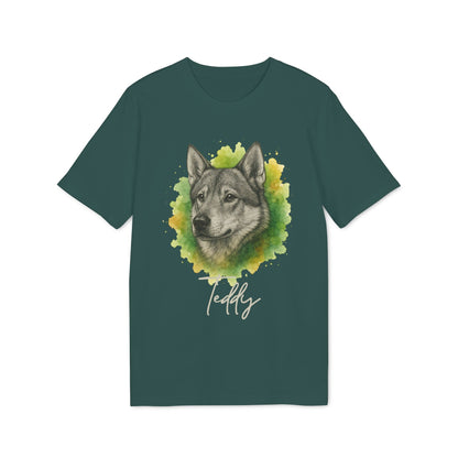 Alt Tag: Swedish Jämthund Personalized Dog Premium Unisex T-Shirt verde con ilustración acuarela de Jämthund y nombre personalizado "Teddy"