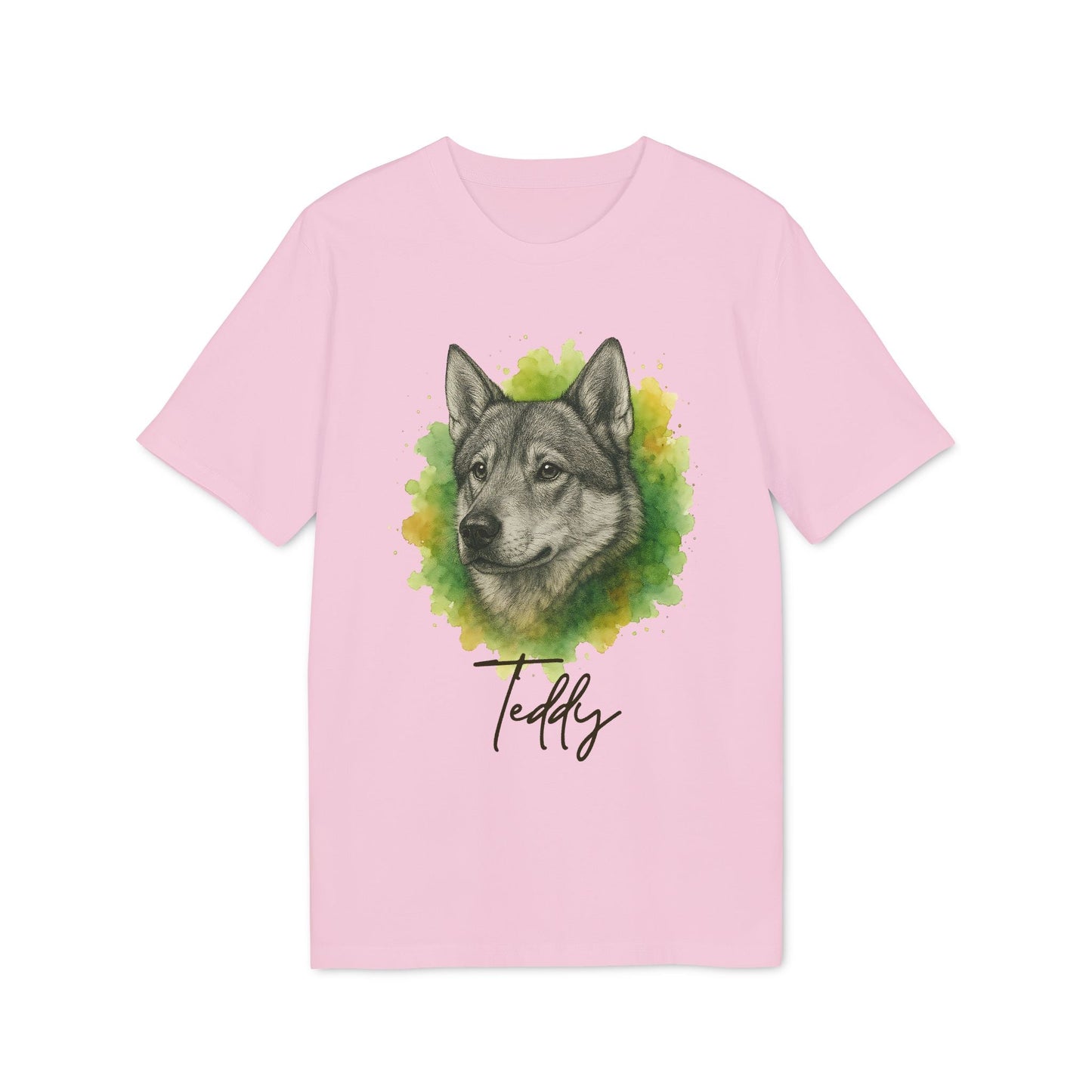 Swedish Jämthund Personalized Dog Premium Unisex T-Shirt rosa con retrato de perro y nombre Teddy en el frente