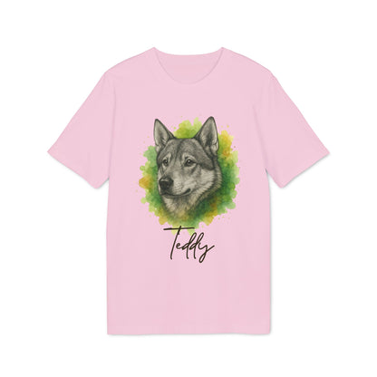 Swedish Jämthund Personalized Dog Premium Unisex T-Shirt rosa con retrato de perro y nombre Teddy en el frente