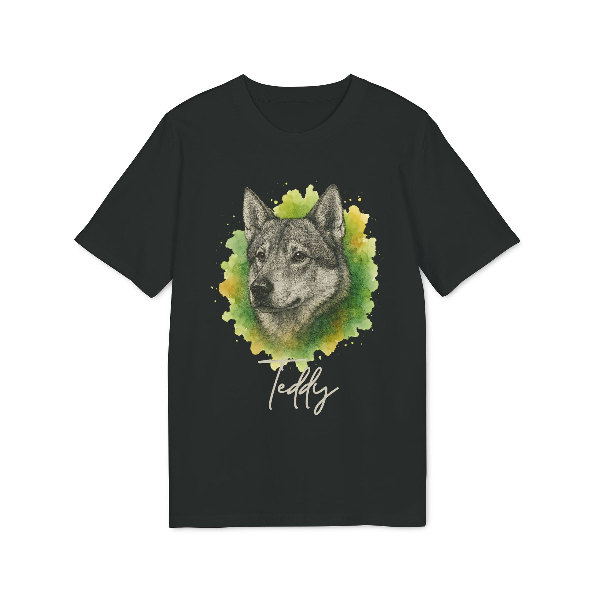 Alt Tag: Swedish Jämthund Personalized Dog Premium Unisex T-Shirt black tee with watercolor Jämthund portrait and custom name Teddy