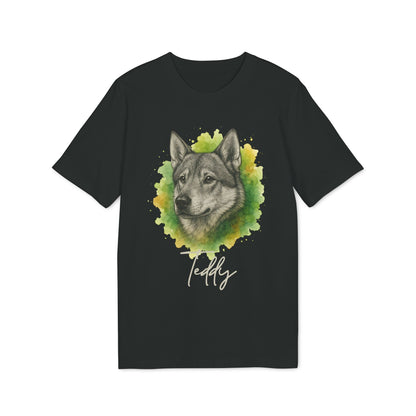 Alt Tag: Swedish Jämthund Personalized Dog Premium Unisex T-Shirt black tee with watercolor Jämthund portrait and custom name Teddy