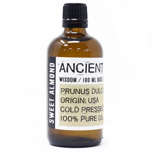 Sweet Almond Base Oil – 100ML amber glass bottle, cold pressed 100% pure oil, origin USA, 100 ml base oil