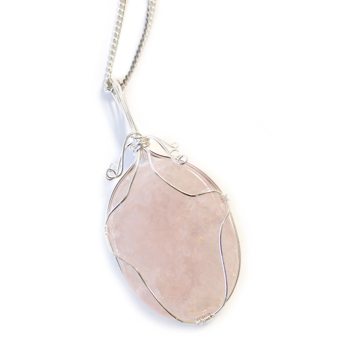Alt Tag: Swirl Wrapped Gemstone Necklace – Rose Quartz with rose quartz pendant and silver swirl wire wrap on chain