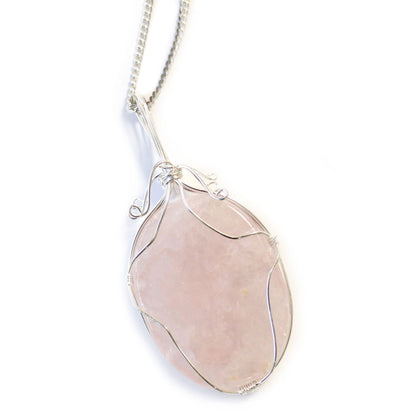 Alt Tag: Swirl Wrapped Gemstone Necklace – Rose Quartz with rose quartz pendant and silver swirl wire wrap on chain