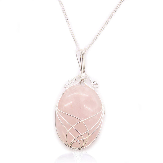 Alt Tag: Swirl Wrapped Gemstone Necklace – Rose Quartz pendant with swirl wire-wrapped pink rose quartz gemstone on silver chain