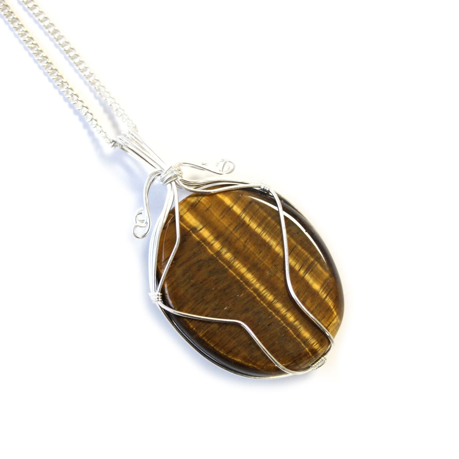 Swirl Wrapped Gemstone Necklace – Tiger Eye, oval tiger eye pendant with silver swirl wire wrap on chain