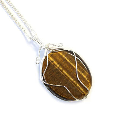 Swirl Wrapped Gemstone Necklace – Tiger Eye, oval tiger eye pendant with silver swirl wire wrap on chain