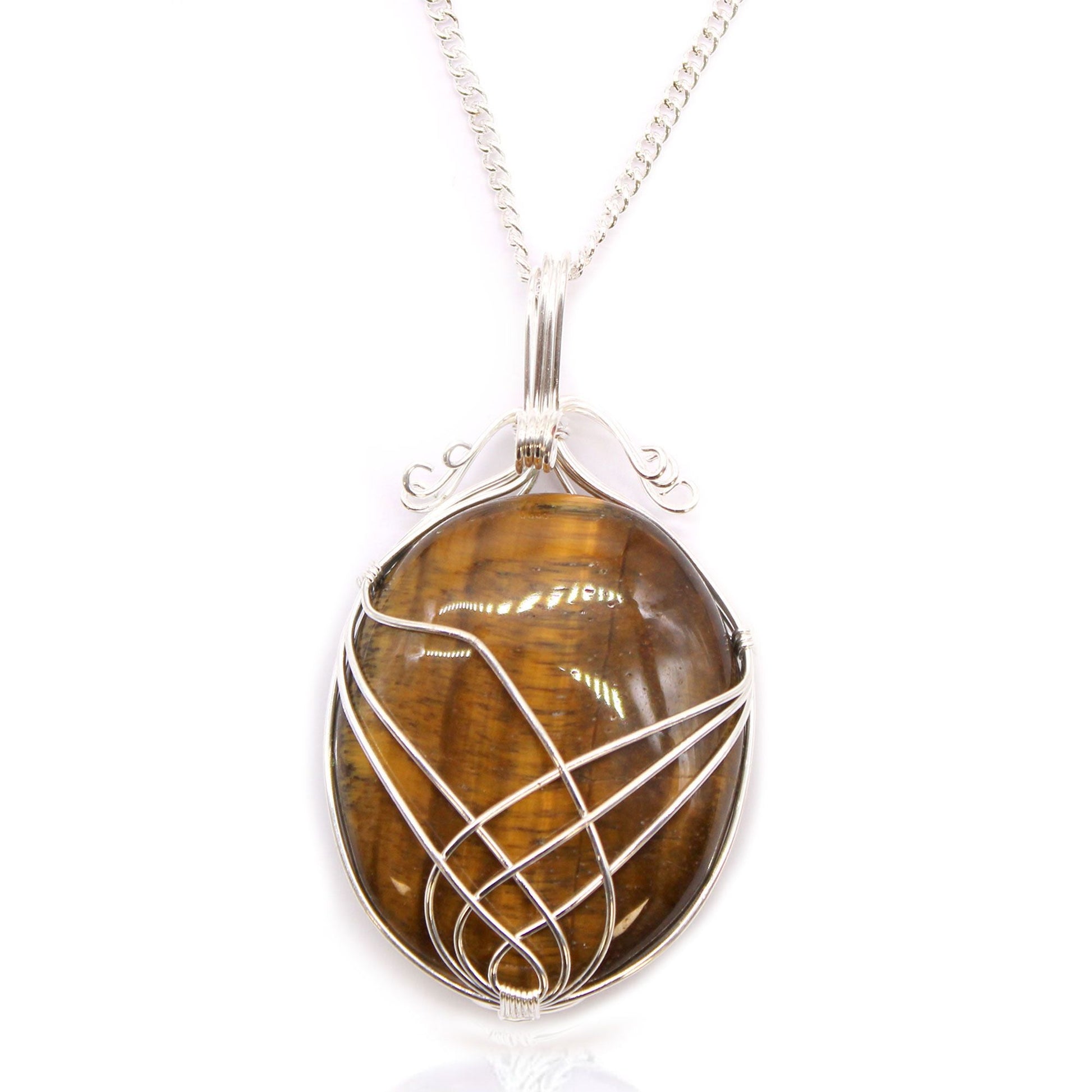 Alt Tag: Swirl Wrapped Gemstone Necklace – Tiger Eye pendant, natural tiger eye gemstone with golden-brown chatoyance in silver wire wrap