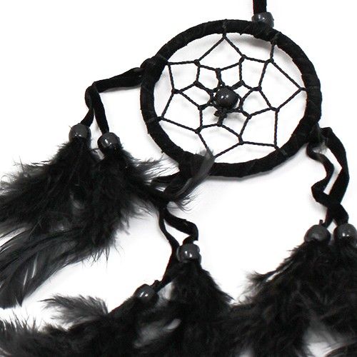 Alt Tag: Synthetic Suede Bali Dream Catcher – 22 CM black dreamcatcher with web, beads and black feathers, handcrafted Bali-inspired decor